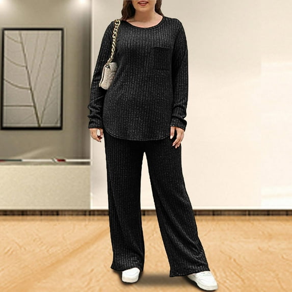 Yuwull Holiday Outfits For Women Womens Plus Size Two Piece Outfits Lounge Sets Cozy Sweater Loungewear with Pockets s