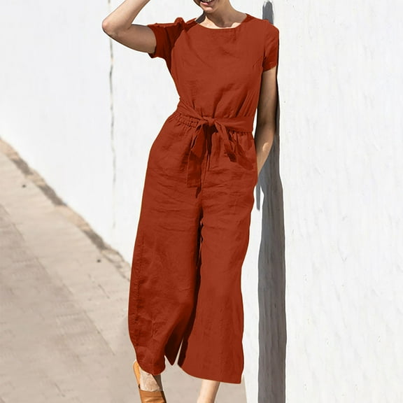 Yuwull Linen Jumpsuits for Women Sleeveless Solid Crewnek Loose Wide Leg Palazzo Cropped Pants Lounge Romper with Pockets