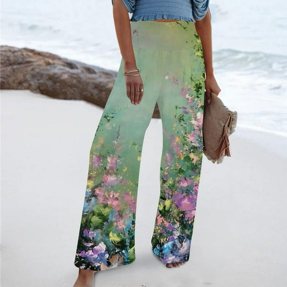 Yuwull Linen Pants Women Summer Casual High Waisted Wide Leg Pants Floral Print Loose Trousers with Pockets Summer Palazzo Pants