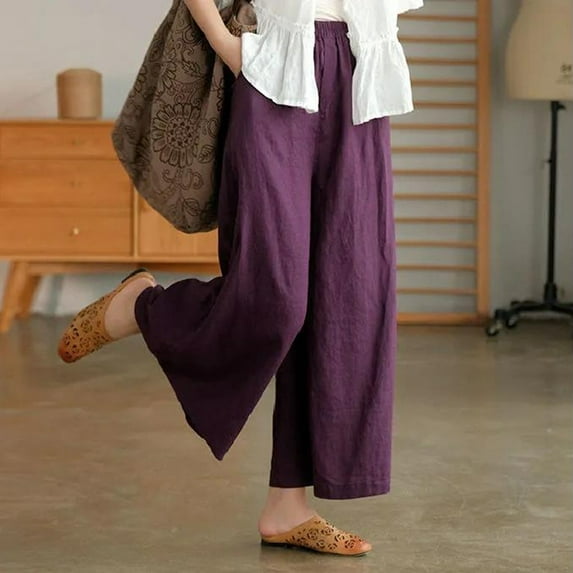 Yuwull Linen Pants Women Summer Fashion Casual Womens Capris for Summer Wide Leg Pants Womens Flowy Pants Solid Color High Waist Cotton Crop Pants for Women