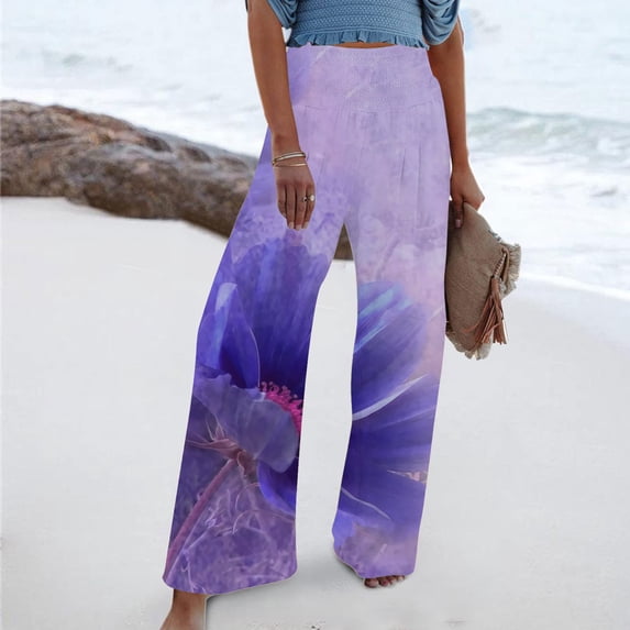 Yuwull Linen Pants for Women Womens Lightweight Summer Pants Casual Loose Wide Leg Pants Flower Print Plus Size Palazzo Pants for Women Vacition Beach Flowy Pants
