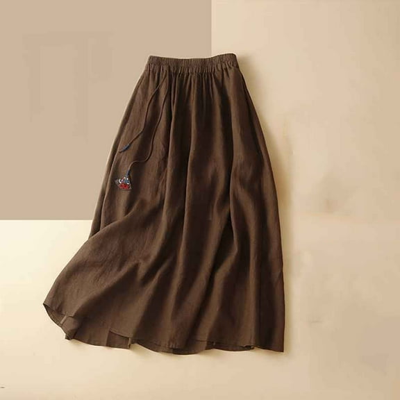 Yuwull Linen Skirts for Women 2024 Summer Cotton A Line Elastic High Waisted Drawstring Midi Skirts