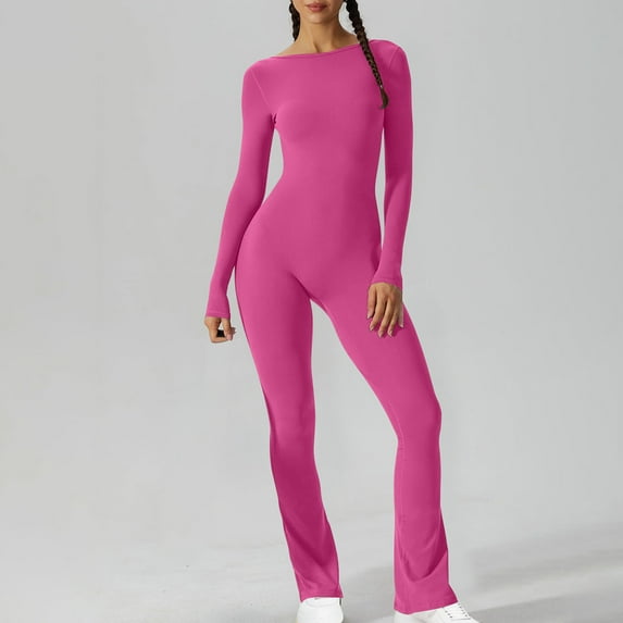 Yuwull Long Sleeve Jumpsuits for Women Ribbed Long Sleeve Yoga Bell Bottoms Flare Jumpsuits