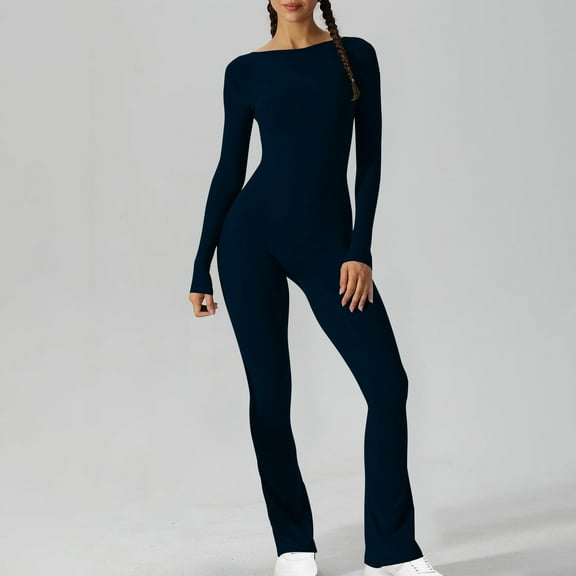 Yuwull Long Sleeve Jumpsuits for Women Ribbed Long Sleeve Yoga Bell Bottoms Flare Jumpsuits