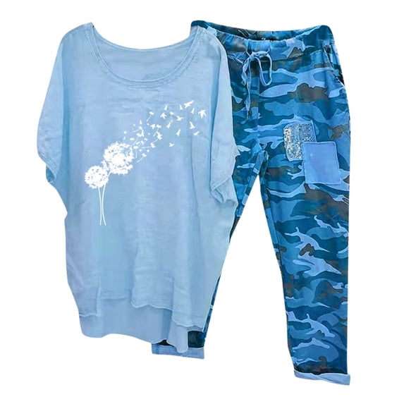 Yuwull Lounge Sets for Women, Sexy Two Piece Outfits for Women Linen Sets for Women 2 Piece Casual Summer Outfits Oversized Shirt Short Sleeve Plus Size Top and Camouflage Capris Pant Lounge Sets S-5X