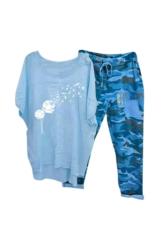Lounge Sets for Women, Sexy Two Piece Outfits for Women Linen Sets for Women 2 Piece Casual Summer Outfits Oversized Shirt Short Sleeve Plus Size Top and Camouflage Capris Pant Lounge Sets S-5X