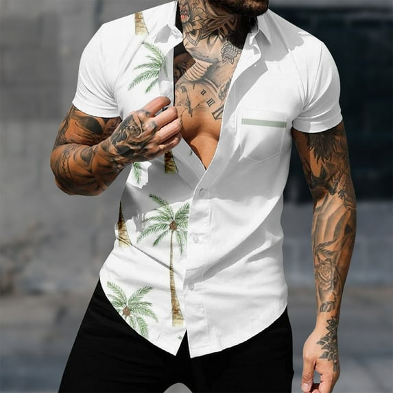 Yuwull Men's Short Sleeve Button Down Vintage Bowling Shirts with Pocket Hawaiian Casual Printed Beach Shirt Summer Regular Fit Top
