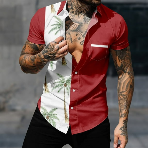 Yuwull Men's Short Sleeve Button Down Vintage Bowling Shirts with Pocket Hawaiian Casual Printed Beach Shirt Summer Regular Fit Top