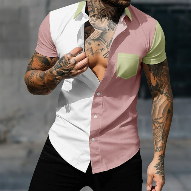 Yuwull Men's Short Sleeve Button Down Vintage Bowling Shirts with Pocket Hawaiian Casual Printed Beach Shirt Summer Regular Fit Top On Clearance