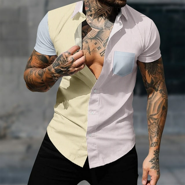 Yuwull Men's Short Sleeve Button Down Vintage Bowling Shirts with Pocket Hawaiian Casual Printed Beach Shirt Summer Regular Fit Top On Clearance