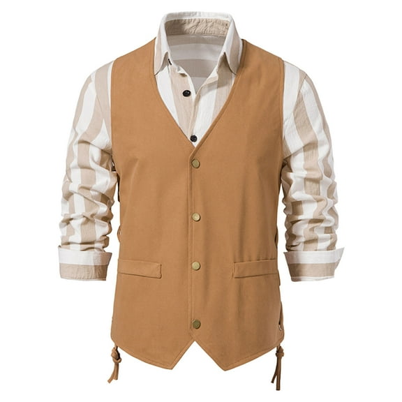 Yuwull Men's Western Suit Vest Vintage Single Breasted Vest Tops Blouse Slim Fit Waistcoat with Pockets Khaki XX-Large