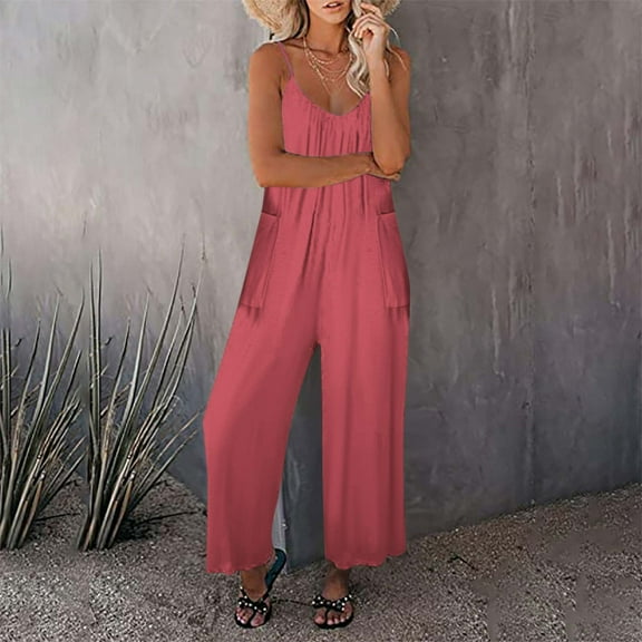 Yuwull One Piece Jumpsuits For Women V Neck Sleeveless Loose Fits Overalls Spaghetti Strap Haremss Long Pants With Pockets