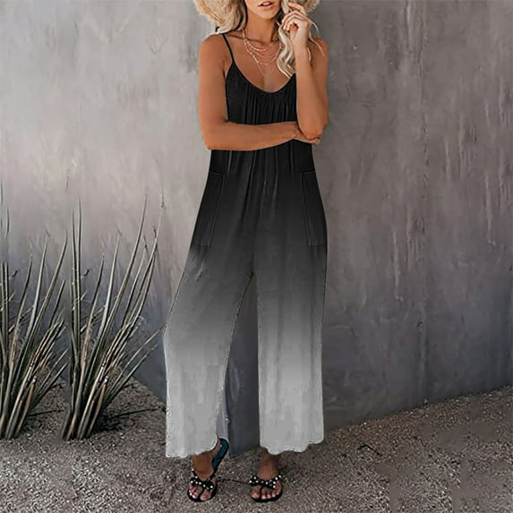 Yuwull One Piece Jumpsuits For Women V Neck Sleeveless Loose Fits Overalls Spaghetti Strap Haremss Long Pants With Pockets