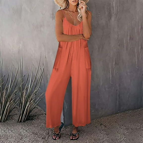Yuwull One Piece Jumpsuits For Women V Neck Sleeveless Loose Fits Overalls Spaghetti Strap Haremss Long Pants With Pockets