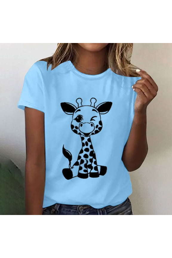 Oversized T Shirts for Women, Womens Summer Tops Giraffe Print Graphic Short Sleeve Crew Neck T-Shirt Plus Size Womens Cute Tops Blue On