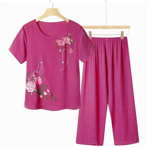 Yuwull Pajama Sets for Women 2 Piece, Women's Pajama Sets Capris Pajama Sets for Women 2 Piece Casual Floral Printed Short-Sleeve Top Capris Pants Plus Size Comfy Summer Outfit Pjs Set Loungewear - Im