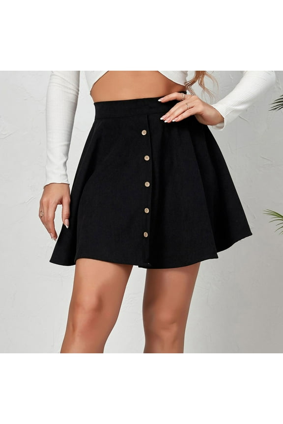 Pleated A-line Mini Skirt Elastic Waist Button Front Casual Flared Long Skirts with Pocket for Women
