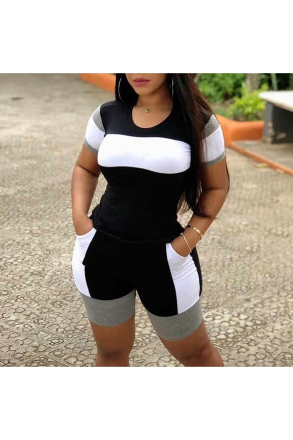 Plus Size Summer Outfits for Women Women Sports Suit Print Tracksuit Short Sleeve T Shirt Tops Biker Shorts Women Clothes Slim Outfit Workout Two Pieces Set