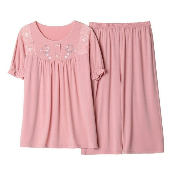 Yuwull Sexy Pajama Set for Women, Womens Pajamas Women's Summer Outfits Capris Pajama Set Two Piece Sets for Women Plus Size Short Sleeve Tops with Capris Pants Lounge Set Cotton Comfy Sleepwear M-4Xl