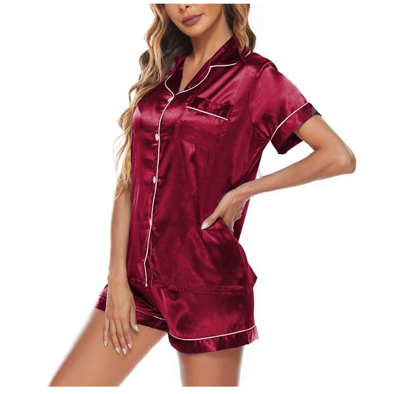 Yuwull Silk Pajamas for Women Summer Womens Silk Satin Pajamas Set Two-Piece Sleepwear Loungewear Button-Down Sets Clearance
