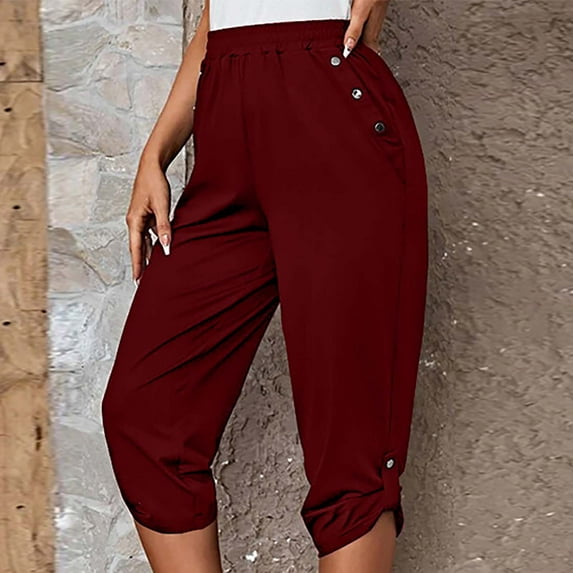 Yuwull Summer Cargo Capris Pants For Women Hight Waist Beach Loose Pants Holiday Drawstring Cropped Pants Loungewear with Pockets