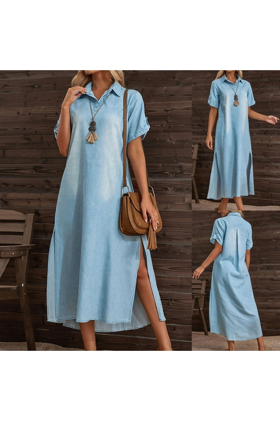 Summer Denim Shirt Dresses for Womens Short Sleeve Loose Jean Midi Dress Casual Loose Plus Size Dress Tunic Top