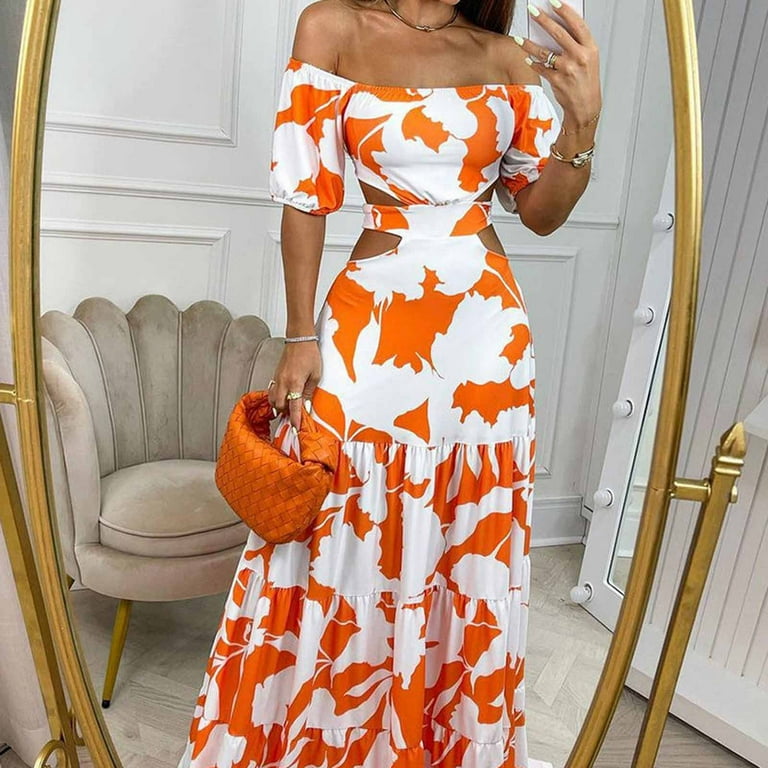 Yuwull Summer Dresses For Women Summer Dresses Fashion Casual Printed Short  Sleeve Off-The-Shoulder Dress Slim Women Dresses Orange Beach Dresses For