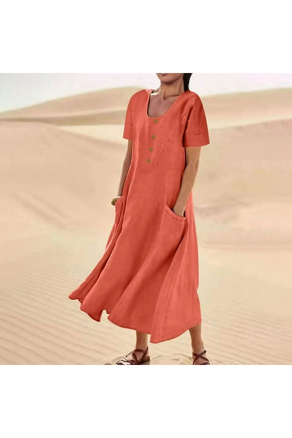 Summer Dresses for Women Casual Solid Color Short Sleeve Maxi Dresses Plus Size Sun Dresses with Pockets Flowy Swing Plus Size Summer Dresses