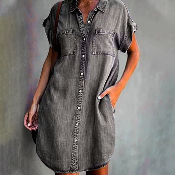 Yuwull Summer Dresses for Women Loose Cotton Turn-Down Top T Shirt Dress Ladies Knee Midi Sundress Casual Summer Dress On Clearance