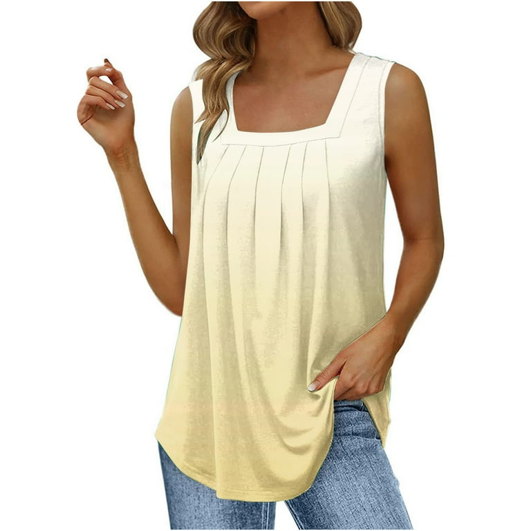 Women Loose Fit Pleated Square Neck Sleeveless Tops Curved Hem Flowy Tank