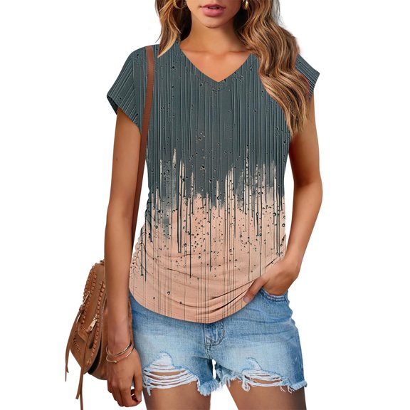 Yuwull Summer Tops For Women Plus Size Tops For Women Women Sexy Short Sleeve Sequins Loose Polluer Solid V-Neck Blouse Shirt Y2K Tops On ClearanceS