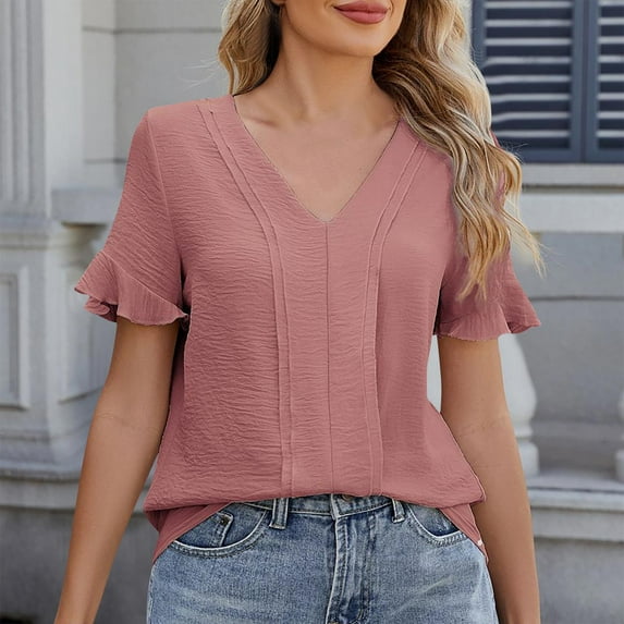 Yuwull Summer Tops Tops For Women Trendy Women'S New Short Sleeve V-Neck Lace Sleeve Solid Color Casual T-Shirt Summer Tops For Women On ClearanceL