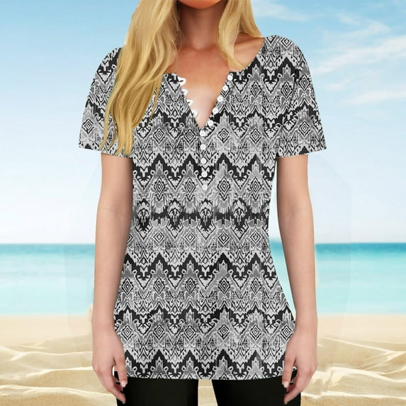 Yuwull Summer Tops Tops For Women Trendy Women'S Fashion Printed Short Sleeve Button Round-Neck And V-Neck Top Blouse Summer Tops For Women On ClearanceM