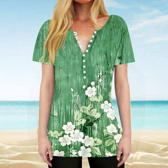 Yuwull Summer Tops For Women Going Out Tops Women'S Fashion Printed Short Sleeve Button Round-Neck And V-Neck Top Blouse Ladies Tops And Blouses On ClearanceXL