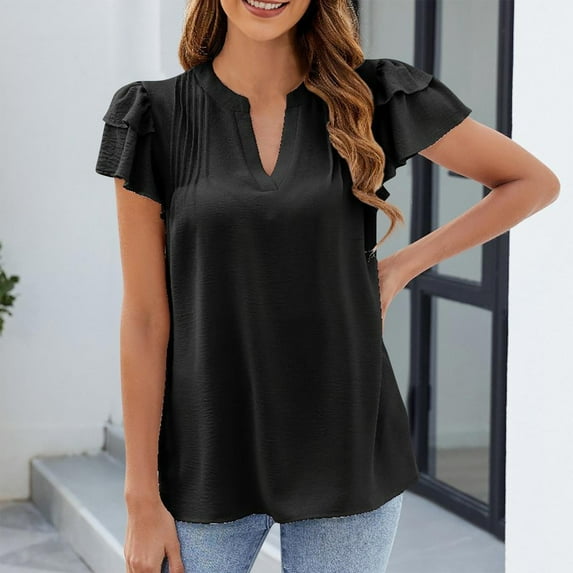 Yuwull Summer Tops For Women Going Out Tops For Women Women'S New Lace Sleeves Solid Color V-Neck Front Pleated Casual Summer Tops For Women On ClearanceS