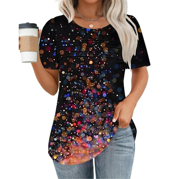Yuwull Summer Tops For Women Womens Tops Casual Women'S New Short Sleeve Round Neck Pullover Chest Pleated Casual Print Cute Tops For Women On Clearance9M