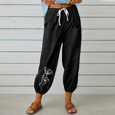 Yuwull Summmer Capri Pants Comfortable And Breathable Cotton Linen Pants Igh-Waisted Lace Up Pocket Pants Drawstring Leg Pants