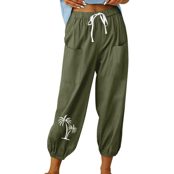 Yuwull Sweatpants For Women Women'S Palm Tree Printed Casual Cotton Linen Pants Comfortable And Breathable High Waist Tie Pocket Drawstring Trousers