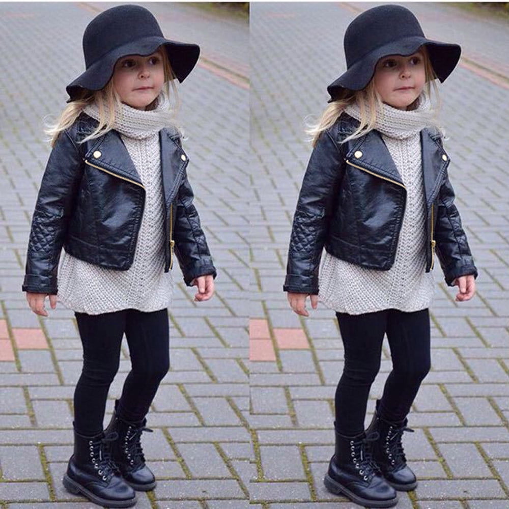 Yuwull Toddler Baby Girl Motorcycle Faux Leather Jackets Coat Winter Outwear for Kids Black