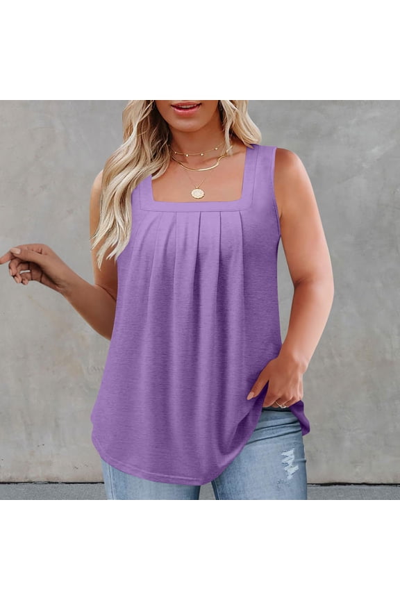 Tops For Women Trendy Sexy Tops For Women Women's Summer Solid Color Plus Size Square Neck Sleeveless Pleated Womens Plus Size Tops