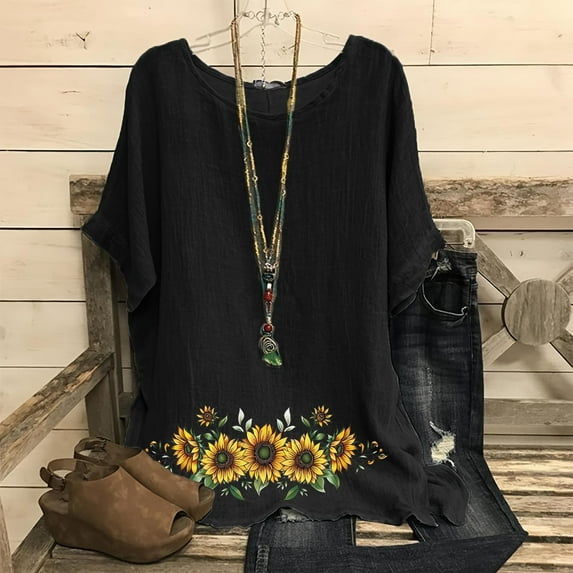 Yuwull Tops For Women Going Out Tops Women'S Fashion Print Tees Casual Crew Neck Raglan Short Sleeve Loose T Shirt Linen Blouses Womens Plus Size Tops M