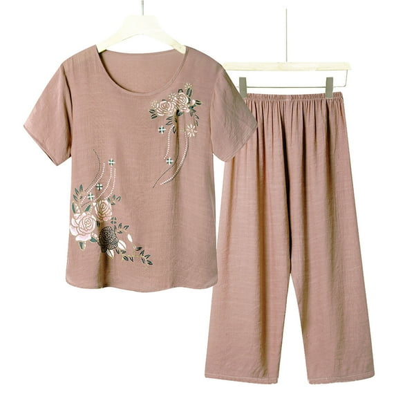 Yuwull Two Piece Sets for Women Summer, Pajama Pants Women Capris Pajama Sets for Women 2 Piece Casual Floral Printed Short-Sleeve Top Capris Pants Plus Size Comfy Summer Outfit Pjs Set Loungewear - I