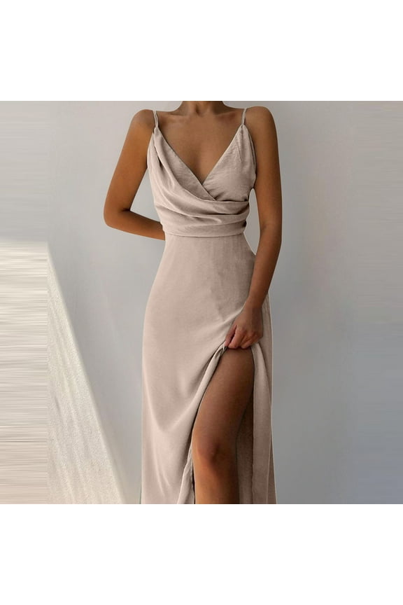 Wedding Guest Dresses for Women Summer Formal Dresses Women's Sleeveless Spaghetti Strap Long Dress Cocktail Beach Evening Party Cowl Neck Solid Maxi Dresses