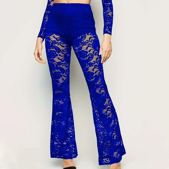 Yuwull Women Lace Mesh Sheer Pants Flared Bell Bottom Pants for Dance Festival Clubwear Women'S Pants