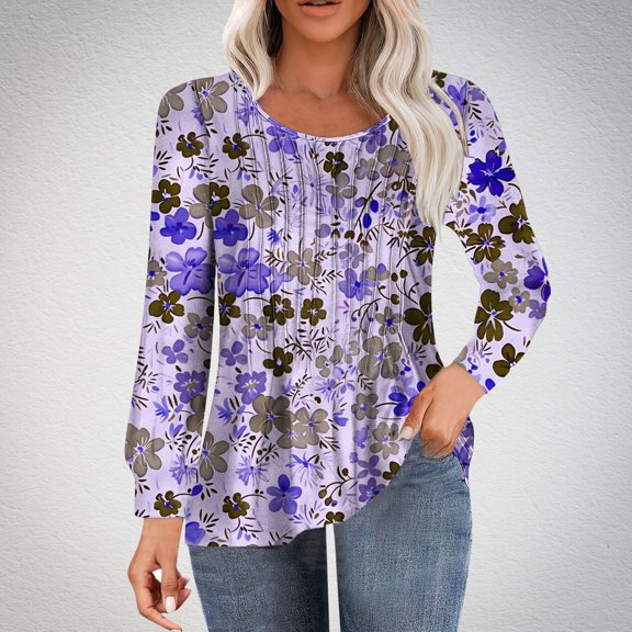 Yuwull Women Long Sleeve Tops 2024 Trendy Crew Neck Shirts Casual Fashion Print Tee Pleated Loose Lightweight Blouses