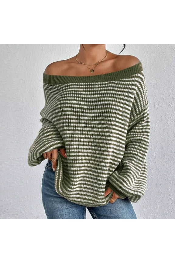 Women Off Shoulder Sweater Long Sleeve Knit Sweater Loose Pullover Jumper Tops Striped Sweater For Women