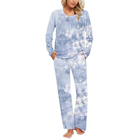 Yuwull Women Pajama Sets Crew Neck Long Sleeve Tops and Pants Set Soft Comfy 2 Piece Loungeswear Pjs