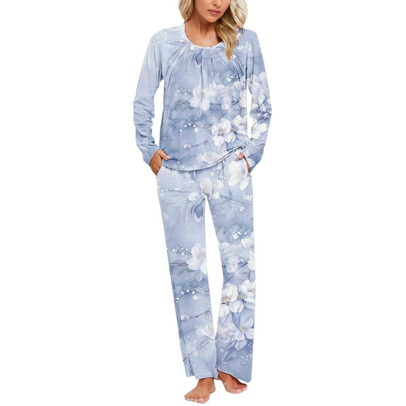 Yuwull Women Pajama Sets Crew Neck Long Sleeve Tops and Pants Set Soft Comfy 2 Piece Loungeswear Pjs