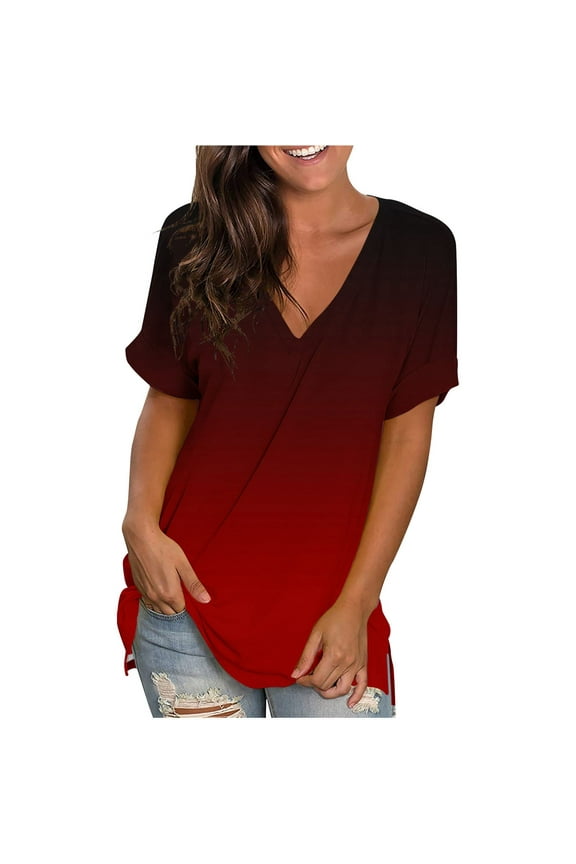 Women Plus Size Tops Gradient V Neck Shirt Floral Camos Summer Short Sleeve Tunic Oversized Ladies Blouse