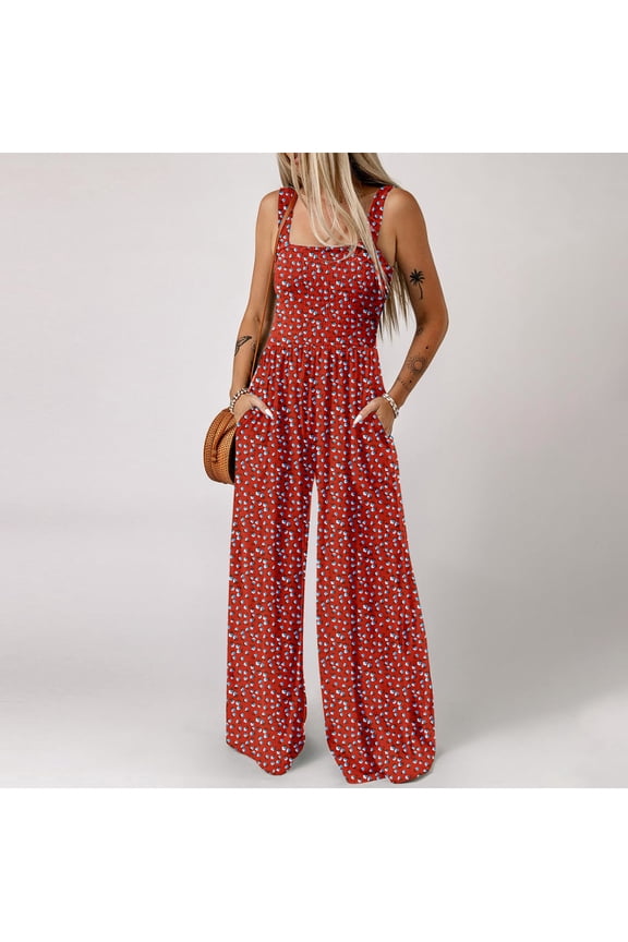 Women's Casual Loose Overalls Jumpsuits One Piece Sleeveless Printed Wide Leg Long Pant Rompers With Pockets